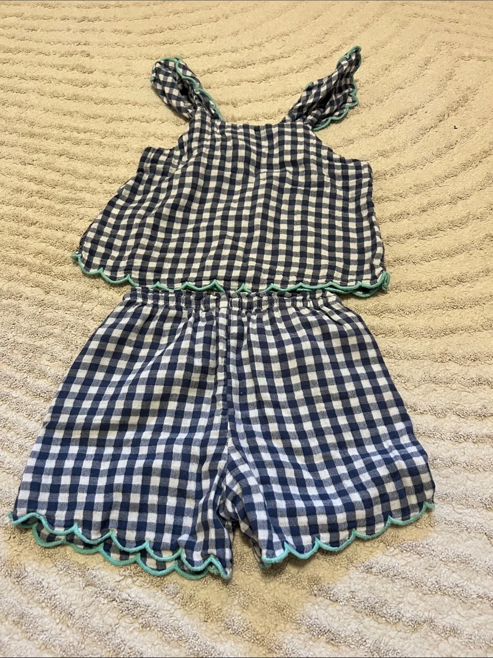 Old Navy Navy and White Gingham Girls Pajama Set with Teal Trim